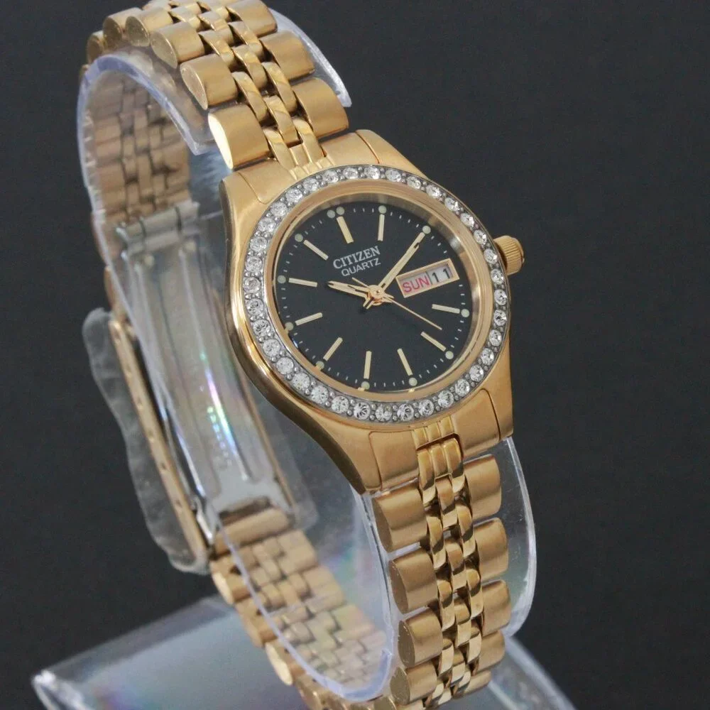 Citizen Ladies Classic Quartz Watch Crystal Bezel Gold Toone Black Dial 26mm - Picture 2 of 13